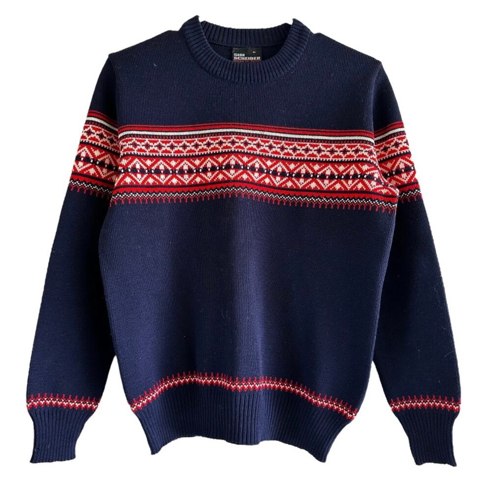Vintage Sigi Scheiber Fair Isle Sweater Wool Crew Neck Ribbed Trim Blue Red XS